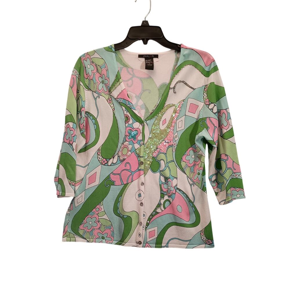 Avalon Women's Light Weight Sweater Sequins Floral Pink Green Preppy Size  Large